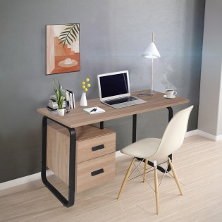 Schreibtisch PEARL, Bürotische (120 x 60 cm) mit 2 schubladen, Eichefarben und schwarzes Metall
