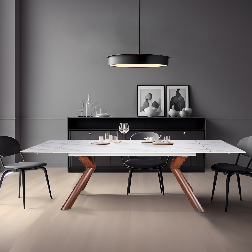 Table design en céramique effet marbre blanc pour salle à manger