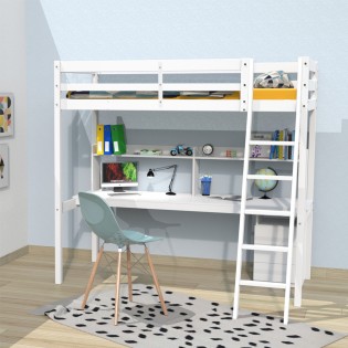 Hochbett STUDIO 90x190 + 1 Lattenrost + Container mit 3 Schubladen + Schreibtisch + Regal / Weiß