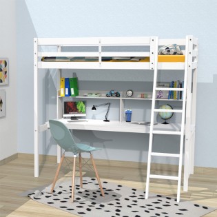 Lit mezzanine STUDIO 90x190 + 1 sommier + bureau + étagère / Blanc