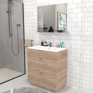Meuble sous-vasque 3 tiroirs MARBELLA 80 cm  + vasque + miroir / Décor Chêne blanchi