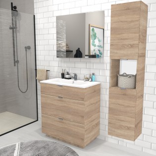 Meuble sous-vasque MARBELLA 80 cm + vasque + miroir + colonne / Chêne blanchi