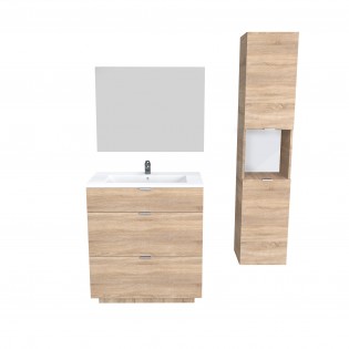 Meuble sous-vasque MARBELLA 80 cm + vasque + miroir + colonne / Décor Chêne blanchi