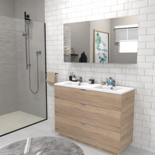 Meuble sous-vasque 3 tiroirs MARBELLA 120 cm + vasque + miroir / Décor Chêne blanchi