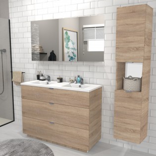 Meuble sous-vasque MARBELLA 120 cm + vasque + miroir + colonne / Chêne blanchi