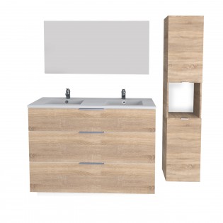 Waschbeckenunterschrank MARBELLA 120 cm + Waschbecken + Spiegel + Säule / Eiche gebleicht