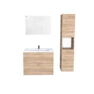 Meuble sous vasque MALAGA 80 cm + vasque + miroir + colonne / Chêne blanchi