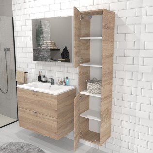 Meuble sous vasque MALAGA 80 cm + vasque + miroir + colonne / Chêne blanchi