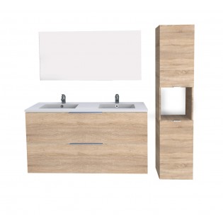 Waschbeckenunterschrank MALAGA 120 cm + Waschbecken + Spiegel + Säule / Eiche gebleicht
