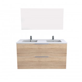 Waschbeckenunterschrank mit 2 Schubladen MALAGA 120 cm + Waschbecken + Spiegel / Gebleichte Eiche