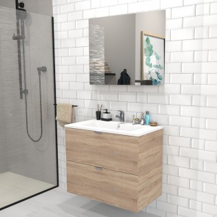 Meuble sous-vasque 2 tiroirs MALAGA  80 cm + vasque + miroir / Décor Chêne blanchi