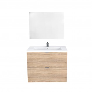 Meuble sous-vasque 2 tiroirs MALAGA  80 cm + vasque + miroir / Décor Chêne blanchi