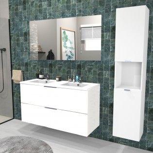 Meuble sous-vasque MALAGA 120 cm + vasque + miroir + colonne / Blanc