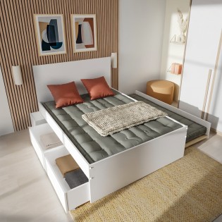 Doppelbett ALPHA 140x190 + 2 Schubladen + Schublade Bett 90x190 mit Lattenrost + Nachttisch / Weiß