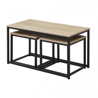 COUCHTISCH CALVI 3ER-SET /Eiche gebleicht und Metallgestell schwarz