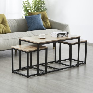 Lot de 3 tables basses gigognes CALVI / Décor Chêne blanchi et Piètement métal noir