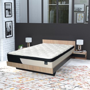 Lit COOL 140x190 cm + 2 chevets + sommier + matelas CASSIE / Décor Chêne blanchi & noir