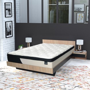 Lit COOL 140x190 cm + 2 chevets + sommier + matelas CASSIE / Chêne blanchi & noir