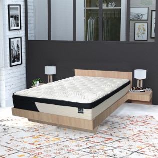 Lit COOL 140x190 cm + 2 chevets + sommier + matelas CASSIE / Chêne blanchi