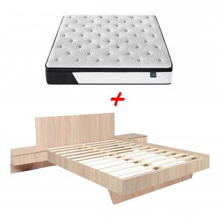 Lit COOL 140x190 cm + 2 chevets + sommier + matelas CASSIE / Chêne blanchi