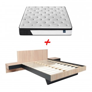Lit COOL 140x190 cm + 2 chevets + sommier + matelas CASSIE / Décor Chêne blanchi & noir