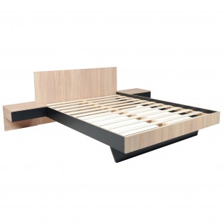 BETT COOL / Bett 140x190 cm + 2 Konsolen + Lattenrost - Eiche gebleicht & schwarz