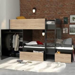 Lit superposé TWIN 90x190 avec armoire et tiroirs + 2 sommiers / Décor Chêne Blanchi et Noir