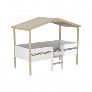 Lit cabane PILOTI 90x190 + 1sommier / Blanc et naturel