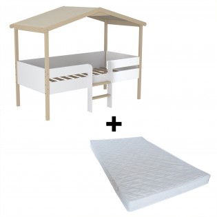 Lit cabane PILOTI 90x190 + 1sommier+ matelas IRIS / Blanc et naturel