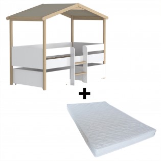 Lit cabane PILOTI 90x190 + 2 tiroirs + 1 sommier + 1 matelas IRIS / Blanc et naturel