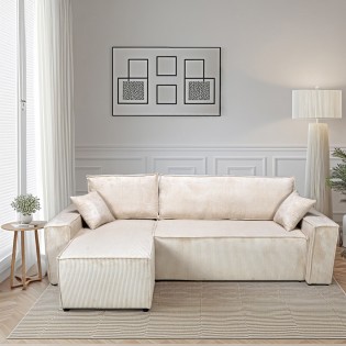 Canapé d'angle convertible et réversible avec coffre ELISE en velours côtelé / Beige