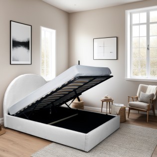 LIT COFFRE TISSU BOUCLETTE 140x190 SHERPA + SOMMIER / Blanc