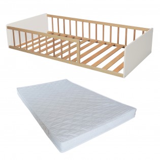 LIT 90x190 PILOU avec sommier et matelas / Blanc et Naturel
