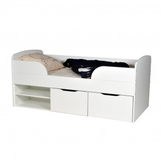 Lit mi-hauteur 90x190 cm ELIO avec sommier et rangements / Blanc