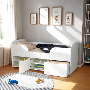 HALBHOCHBETT ELIO / 90x190 cm mit Bettkasten und Stauraum , Weiß
