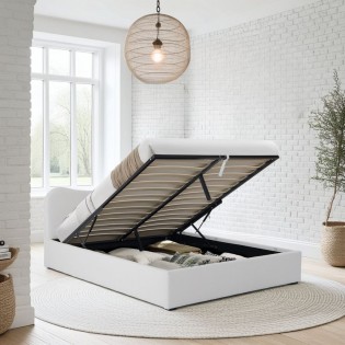 BETT COCOON / mit BETTKASTEN 160x200 - Weiß Bouclé Stoff